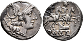 Anonymous, circa 206-195 BC. Denarius (Silver, 15 mm, 2.78 g, 1 h), Rome. Head of Roma to right, wearing crested and winged helmet; behind, X (mark of...