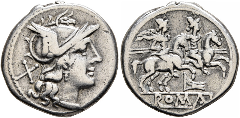 Anonymous, circa 206-195 BC. Denarius (Silver, 18 mm, 3.66 g, 12 h), Rome. Head ...