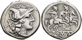Anonymous, circa 206-195 BC. Denarius (Silver, 18 mm, 3.66 g, 12 h), Rome. Head of Roma to right, wearing crested and winged helmet; behind, X (mark o...