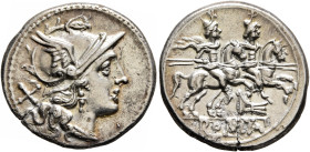Anonymous, circa 206-195 BC. Denarius (Silver, 19 mm, 3.36 g, 11 h), Rome. Head of Roma to right, wearing crested and winged helmet; behind, X (mark o...