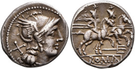 Anonymous, circa 206-195 BC. Denarius (Silver, 18 mm, 3.58 g, 11 h), Rome. Head of Roma to right, wearing winged helmet and pendant earring; behind, X...
