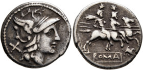 Anonymous, circa 206-195 BC. Denarius (Silver, 18 mm, 4.10 g, 12 h), Rome. Head of Roma to right, wearing crested and winged helmet; behind, X (mark o...