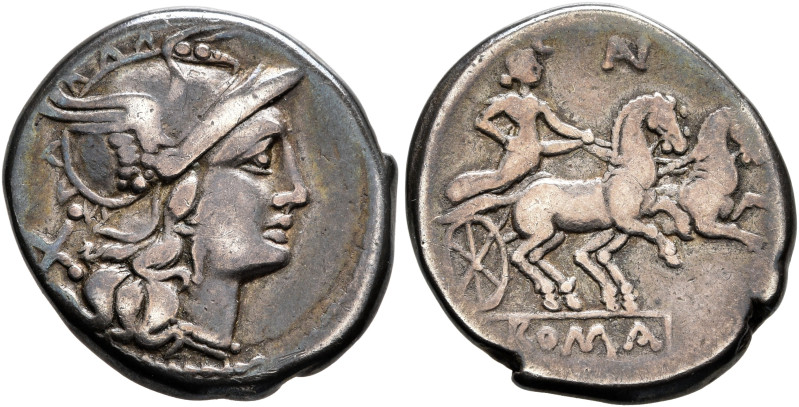 Anonymous, circa 194-190 BC. Denarius (Silver, 18 mm, 3.84 g, 3 h), Rome. Head o...