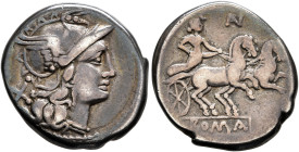 Anonymous, circa 194-190 BC. Denarius (Silver, 18 mm, 3.84 g, 3 h), Rome. Head of Roma to right, wearing crested and winged helmet; behind, X (mark of...
