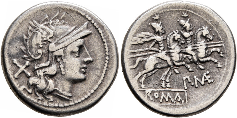 P. Maenius, 194-190 BC. Denarius (Silver, 20 mm, 3.94 g, 7 h), Rome. Head of Rom...