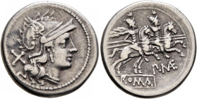 P. Maenius, 194-190 BC. Denarius (Silver, 20 mm, 3.94 g, 7 h), Rome. Head of Roma to right, wearing crested and winged helmet; behind, X (mark of valu...