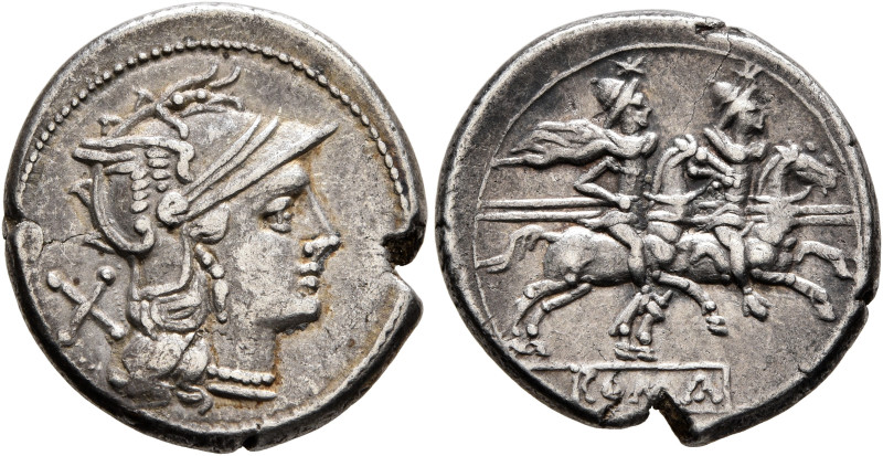 Anonymous, circa 189-180. Denarius (Silver, 19 mm, 4.19 g, 3 h), Rome. Head of R...