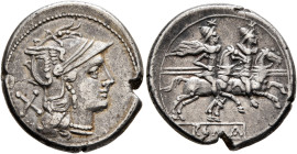 Anonymous, circa 189-180. Denarius (Silver, 19 mm, 4.19 g, 3 h), Rome. Head of Roma to right, wearing winged and crested helmet; behind, X (mark of va...