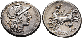Anonymous, circa 189-180. Denarius (Silver, 19 mm, 3.89 g, 5 h), Rome. Head of Roma to right, wearing crested and winged helmet; behind, X (mark of va...