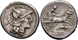 Anonymous, 179-170 BC. Denarius (Silver, 19 mm, 3.67 g, 9 h), Rome. Head of Roma to right, wearing winged helmet and pendant earring; behind, X (mark ...