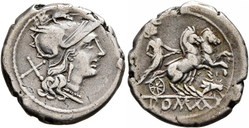 Anonymous, 179-170 BC. Denarius (Silver, 19 mm, 3.75 g, 12 h), Rome. Head of Rom...