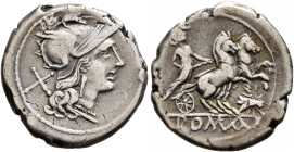 Anonymous, 179-170 BC. Denarius (Silver, 19 mm, 3.75 g, 12 h), Rome. Head of Roma to right, wearing winged helmet and pendant earring; behind, X (mark...