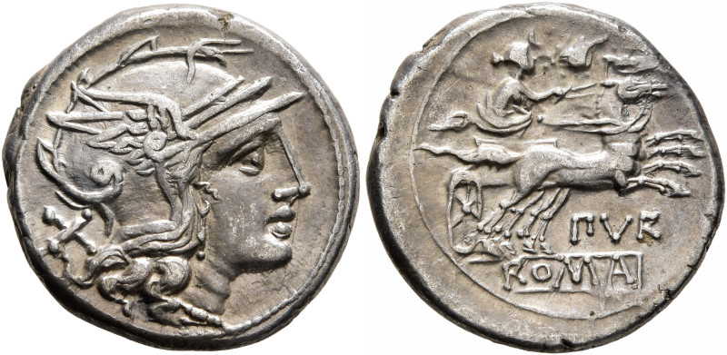 Furius Purpurio, 169-158 BC. Denarius (Silver, 18 mm, 3.65 g, 3 h), Rome. Head o...