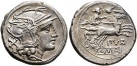 Furius Purpurio, 169-158 BC. Denarius (Silver, 18 mm, 3.65 g, 3 h), Rome. Head of Roma to right, wearing crested and winged helmet; behind, X (mark of...