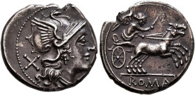 Anonymous, 157-156 BC. Denarius (Silver, 17 mm, 3.46 g, 1 h), Rome. Head of Roma to right, wearing winged helmet, triple pendant earring and pearl nec...