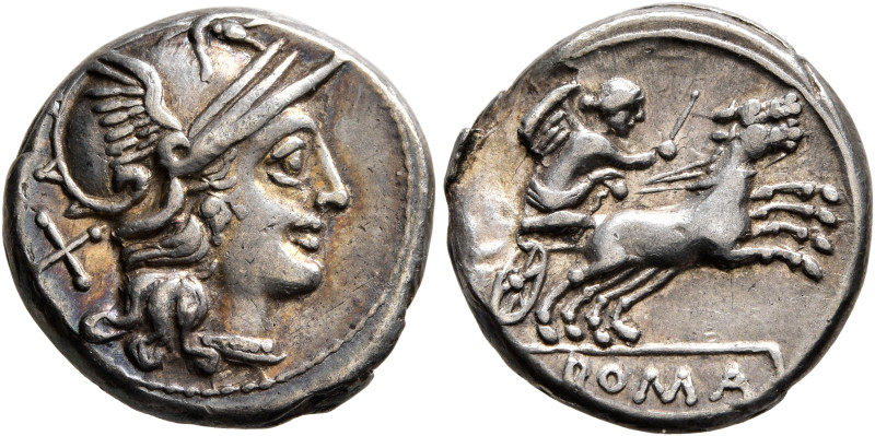 Anonymous, 157-156 BC. Denarius (Silver, 17 mm, 4.37 g, 9 h), Rome. Head of Roma...