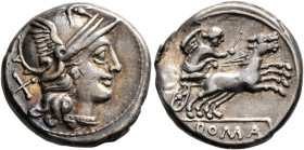 Anonymous, 157-156 BC. Denarius (Silver, 17 mm, 4.37 g, 9 h), Rome. Head of Roma to right, wearing winged and crested helmet; behind, X (mark of value...