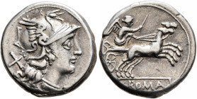 Anonymous, 157-156 BC. Denarius (Silver, 18 mm, 4.06 g, 12 h), Rome. Head of Roma to right, wearing winged helmet, triple pendant earring and pearl ne...