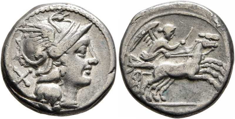 Anonymous, 157-156 BC. Denarius (Silver, 17 mm, 3.75 g, 2 h), Rome. Head of Roma...