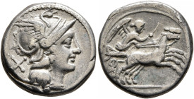 Anonymous, 157-156 BC. Denarius (Silver, 17 mm, 3.75 g, 2 h), Rome. Head of Roma to right, wearing crested and winged helmet; behind, X (mark of value...