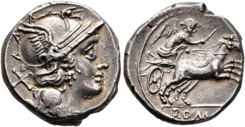 Anonymous, 157-156 BC. Denarius (Silver, 17 mm, 3.71 g, 6 h), Rome. Head of Roma...