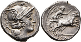 Anonymous, 157-156 BC. Denarius (Silver, 17 mm, 3.71 g, 6 h), Rome. Head of Roma to right, wearing crested and winged helmet; behind, X (mark of value...