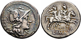 M. Atilius Saranus, 148 BC. Denarius (Silver, 20 mm, 3.73 g, 12 h), Rome. SARAN Head of Roma to right, wearing crested and winged helmet; to right, X ...