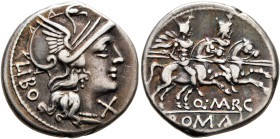 Q. Marcius Libo, 148 BC. Denarius (Silver, 18 mm, 3.65 g, 6 h), Rome. LIBO Head of Roma to right, wearing crested and winged helmet; to right, X (mark...