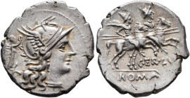 C. Terentius Lucanus, 147 BC. Denarius (Silver, 20 mm, 3.69 g, 4 h), Rome. Head of Roma to right, wearing crested and winged helmet; behind, Victory s...