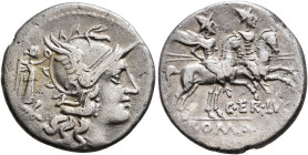 C. Terentius Lucanus, 147 BC. Denarius (Silver, 18 mm, 3.61 g, 9 h), Rome. Head of Roma to right, wearing crested and winged helmet; behind, Victory s...