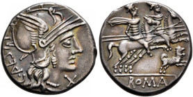 C. Antestius, 146 BC. Denarius (Silver, 18 mm, 3.89 g, 11 h), Rome. C•ANTESTI Head of Roma to right, wearing crested and winged helmet; to right, X (m...