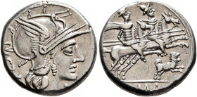C. Antestius, 146 BC. Denarius (Silver, 17 mm, 4.33 g, 10 h), Rome. [C•AN]TESTI Head of Roma to right, wearing crested and winged helmet; to right, X ...