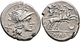 Anonymous, 143 BC. Denarius (Silver, 19 mm, 3.93 g, 2 h), Rome. Head of Roma to right, wearing winged helmet; behind, X (mark of value). Rev. ROMA Dia...