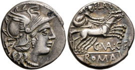 C. Valerius C.f. Flaccus, 140 BC. Denarius (Silver, 18 mm, 3.59 g, 6 h), Rome. Head of Roma to right, wearing winged helmet, pendant earring and pearl...