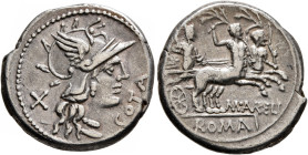 M. Aurelius Cotta, 139 BC. Denarius (Silver, 20 mm, 3.74 g, 12 h), Rome. COTA Head of Roma to right, wearing winged helmet, pendant earring and pearl ...