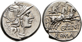 C. Renius, 138 BC. Denarius (Silver, 17 mm, 3.67 g, 6 h), Rome. Head of Roma to right, wearing crested and winged helmet; behind, X (mark of value). R...