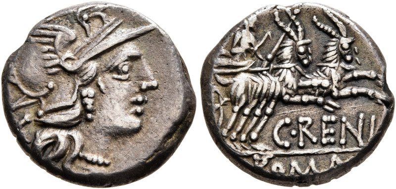 C. Renius, 138 BC. Denarius (Silver, 16 mm, 3.77 g, 12 h), Rome. Head of Roma to...