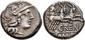 C. Renius, 138 BC. Denarius (Silver, 16 mm, 3.77 g, 12 h), Rome. Head of Roma to right, wearing crested and winged helmet; behind, X (mark of value). ...