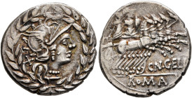 Cn. Gellius, 138 BC. Denarius (Silver, 19 mm, 4.00 g, 3 h), Rome. Head of Roma to right, wearing winged helmet, pendant earring and pearl necklace; be...