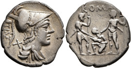 Ti. Veturius, 137 BC. Denarius (Silver, 20 mm, 3.78 g, 12 h), Rome. Draped bust of Mars to right, wearing crested Corinthian helmet; behind, TI• VET a...