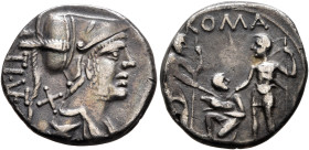 Ti. Veturius, 137 BC. Denarius (Silver, 18 mm, 3.83 g, 3 h), Rome. TI•VET Draped bust of Mars to right, wearing crested Corinthian helmet; behind, X (...