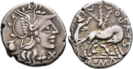 Sex. Pompeius Fostlus, 137 BC. Denarius (Silver, 20 mm, 3.90 g, 7 h), Rome. Head of Roma to right, wearing crested and winged helmet; behind, jug; to ...
