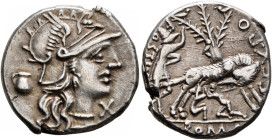 Sex. Pompeius Fostlus, 137 BC. Denarius (Silver, 19 mm, 3.94 g, 3 h), Rome. Head of Roma to right, wearing crested and winged helmet; behind, jug; to ...