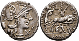Sex. Pompeius Fostlus, 137 BC. Denarius (Silver, 19 mm, 3.95 g, 12 h), Rome. Head of Roma to right, wearing crested and winged helmet; behind, jug; to...