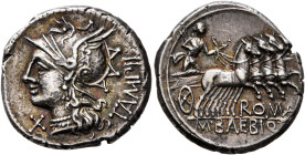 M. Baebius Q.f. Tampilus, 137 BC. Denarius (Silver, 19 mm, 3.92 g, 4 h), Rome. TAMPIL Head of Roma to left, wearing winged helmet and pendant earring;...