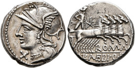 M. Baebius Q.f. Tampilus, 137 BC. Denarius (Silver, 17 mm, 3.94 g, 9 h), Rome. [TAMPIL] Head of Roma to left, wearing winged helmet; before, X. Rev. R...
