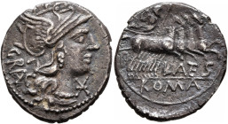 L. Antestius Gragulus, 136 BC. Denarius (Silver, 20 mm, 3.63 g, 12 h), Rome. GRAG Head of Roma to right, wearing crested and winged helmet; to right, ...