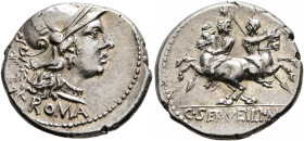 C. Servilius M.f, 136 BC. Denarius (Silver, 19 mm, 3.91 g, 6 h), Rome. ROMA Head of Roma to right, wearing crested and winged helmet; behind, wreath a...
