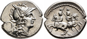 C. Servilius M.f, 136 BC. Denarius (Silver, 19 mm, 4.07 g, 6 h), Rome. ROMA Head of Roma to right, wearing crested and winged helmet; behind, wreath a...