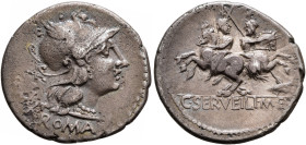 C. Servilius M.f, 136 BC. Denarius (Silver, 20 mm, 3.74 g, 6 h), Rome. ROMA Head of Roma to right, wearing winged helmet, pendant earring and elaborat...